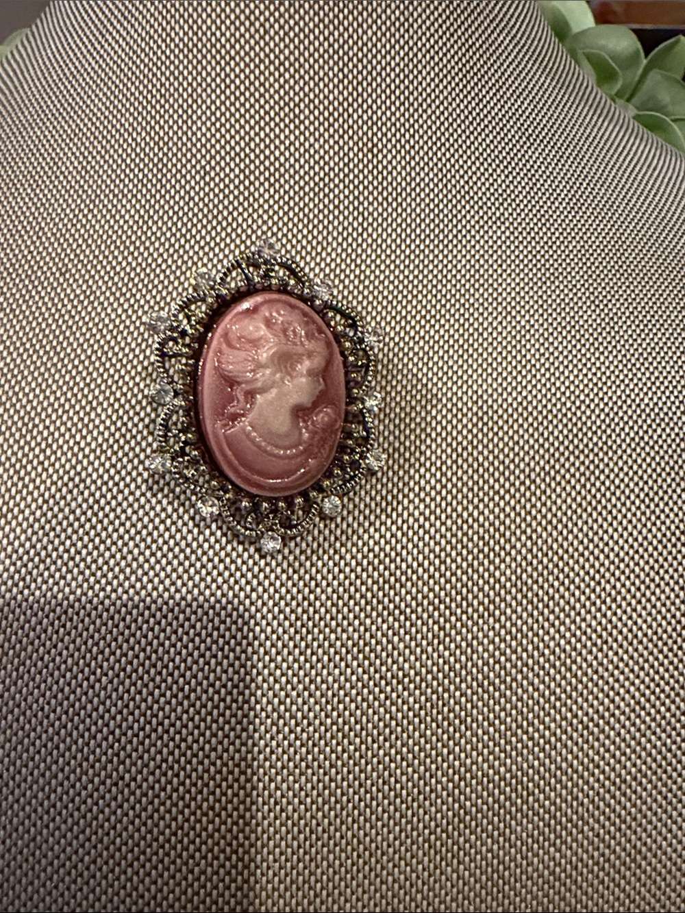 Victorian-Style Pink Cameo Brooch with Filigree and Rhinestones